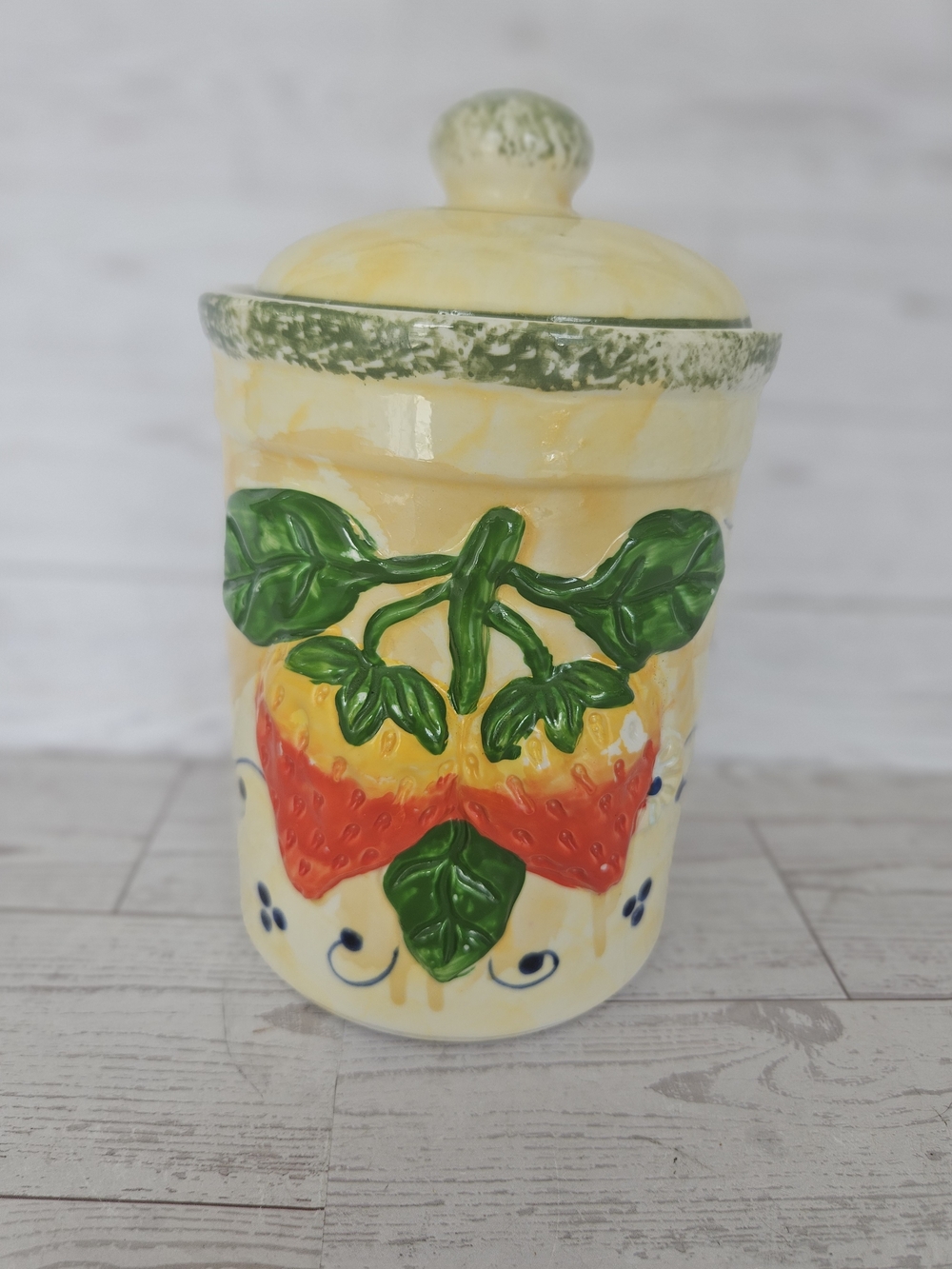 Hand-Painted Ceramic Strawberry Canister - Yellow, Green & Red